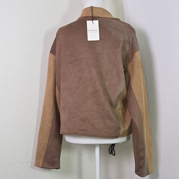 Promesa Faux Suede Colorblock Moto Jacket Women’s Lg Brown Tan Asymmetrical Zip - Picture 6 of 14